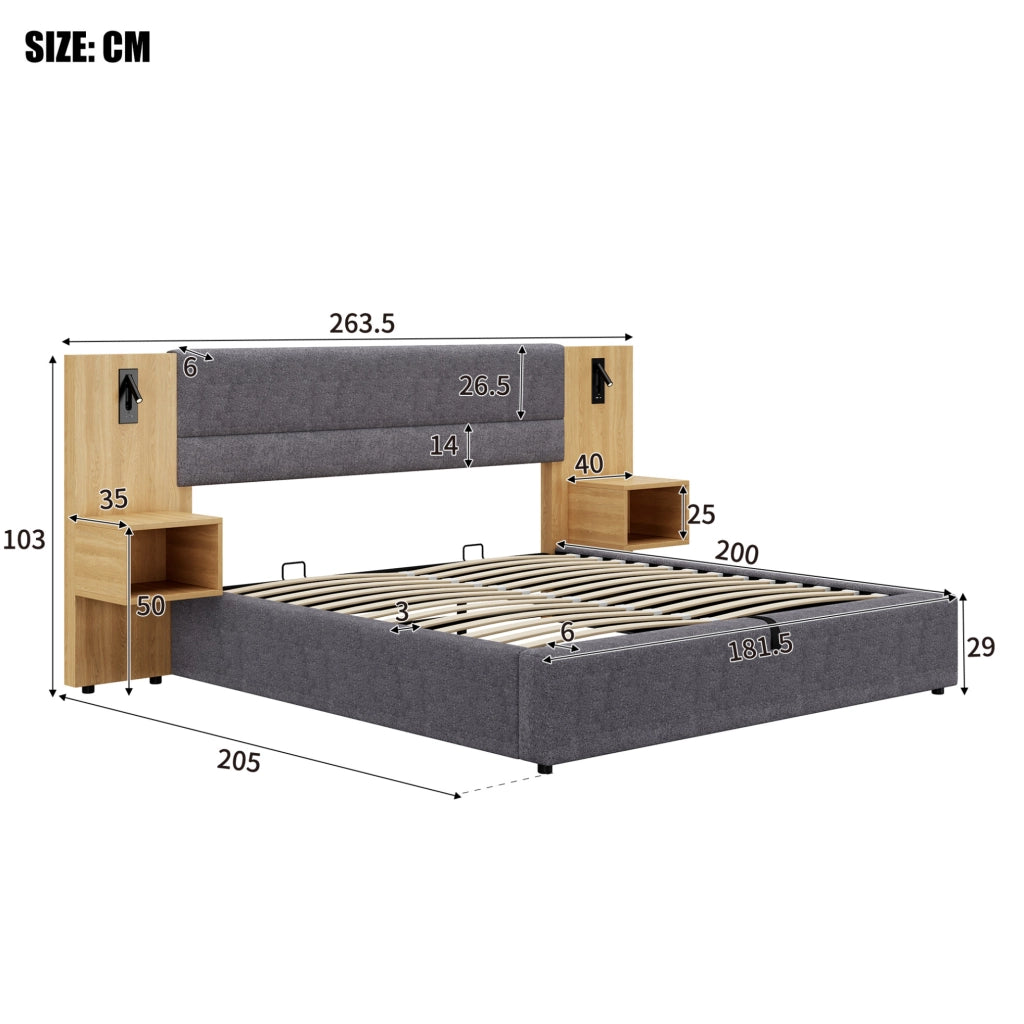 Letto contenitore 180x200 cm in velluto grigio e legno naturale, USB, luce, 2 comodini