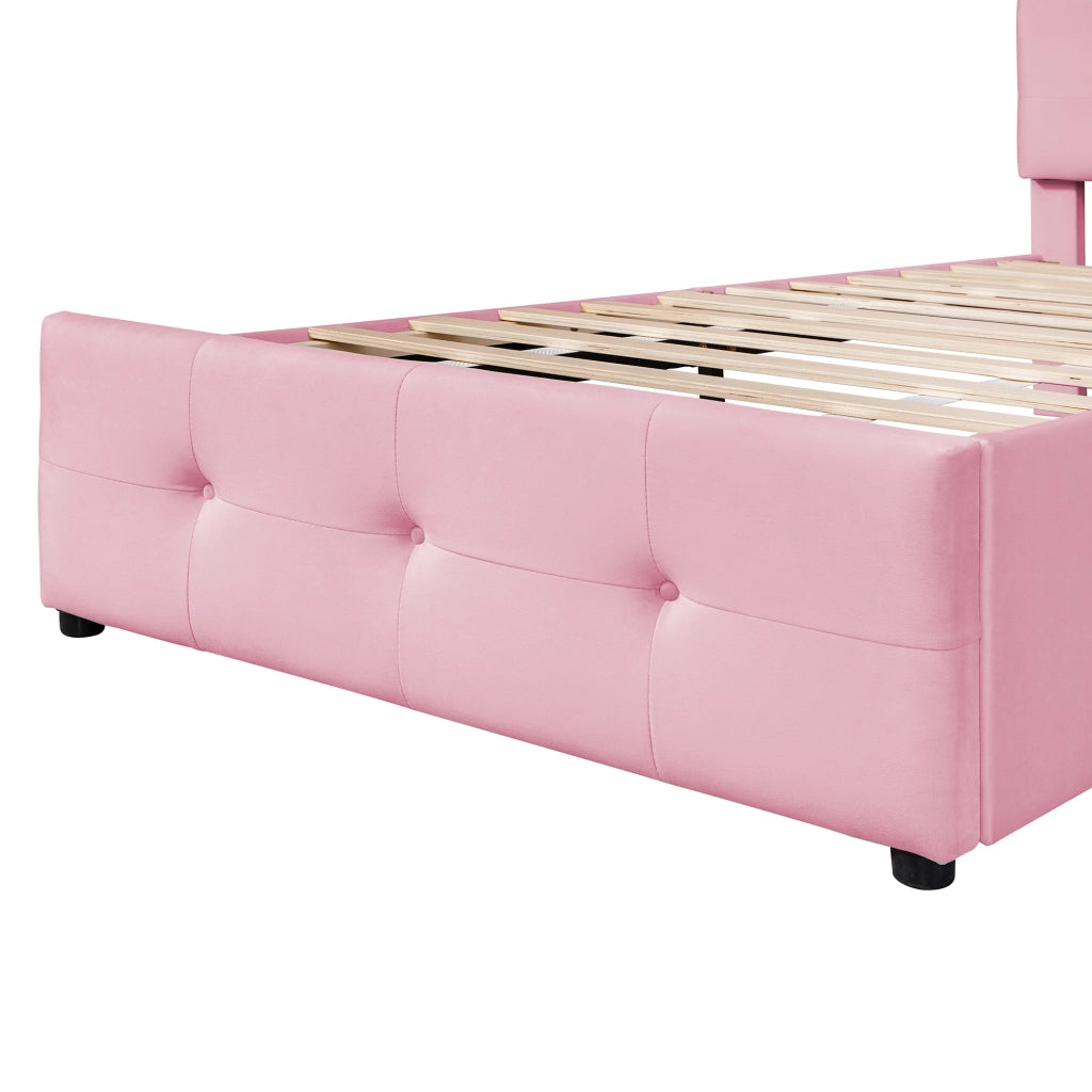 Letto imbottito rosa 90x200 cm con testiera; rete a doghe e cassetto contenitore