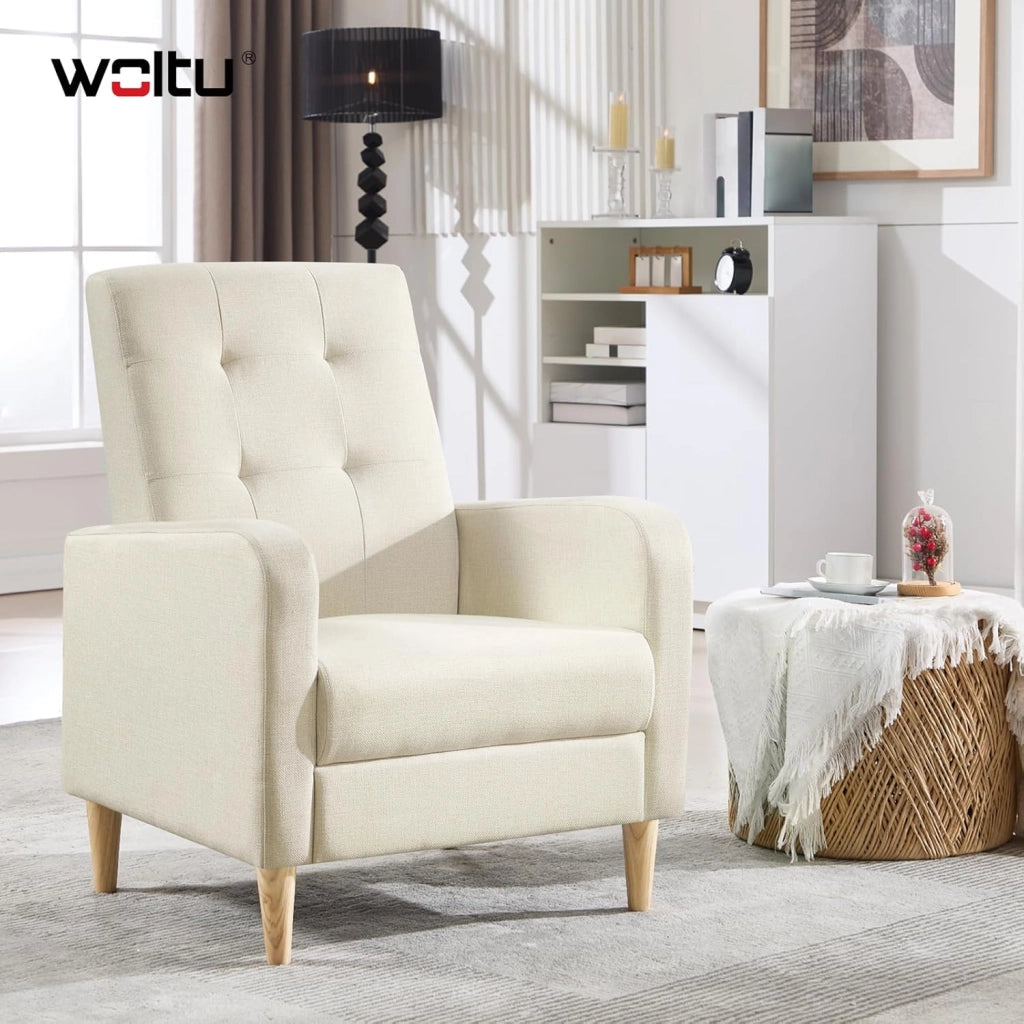 Poltrona da Salotto, Poltrona Relax con Schienale Alto, Sedia di Relax con Pieno Legno Massello Piedi, Seduta Imbottita, Rivestimento in Lino, per Salotto, Ufficio, Beige, SKS41be