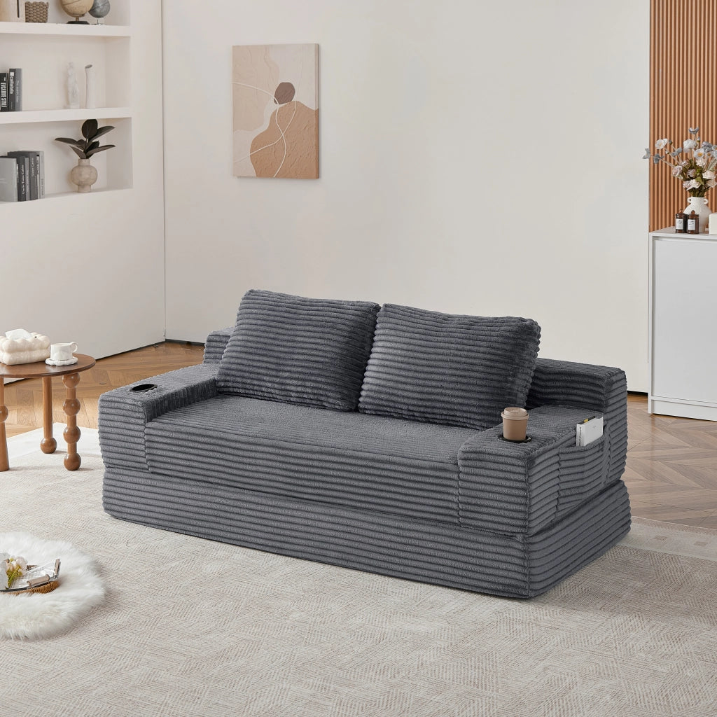 Divano letto 2 in 1 con portabevande in velluto a coste grigio