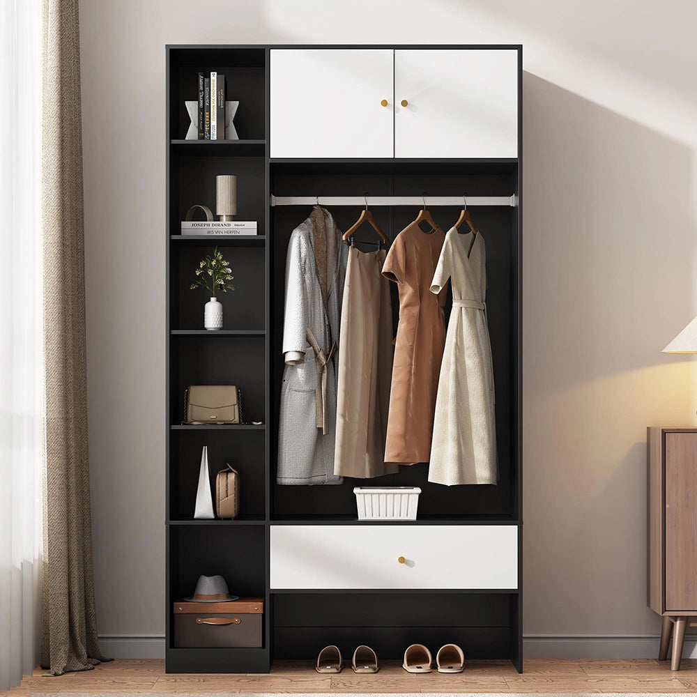 Armadio per ingresso compatto - Xylo - 105x185x40 cm - Bianco e nero - 2 ante, 6 scomparti, appendiabiti, cassetto