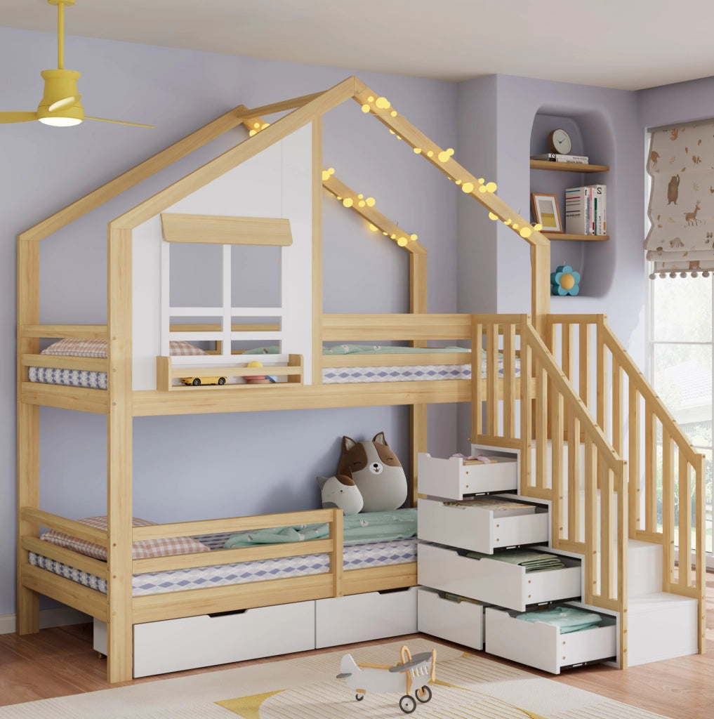 Letto a castello per bambini con cassetti, finestra decorativa e scala con corrimani