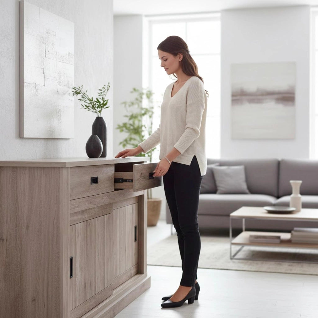 Mobile Soggiorno Madia Con 2 Cassetti 2 Ante Scorrevoli E 4 Ripiani Interni Credenza Design Minimal Shabby Chic Per Sala Da Pranzo Zona Living 150 X 50 X 95.5 Cm Rovere Alaska