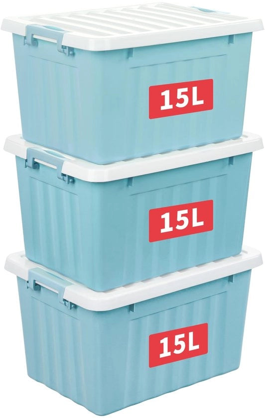 Scatola di Stoccaggio 15L - Scatola di Stoccaggio in Plastica con Coperchio - Stivabile - Organizzatore per Abbigliamento - Disegno Opaco - Blu Pastello - Scatole di Stoccaggio