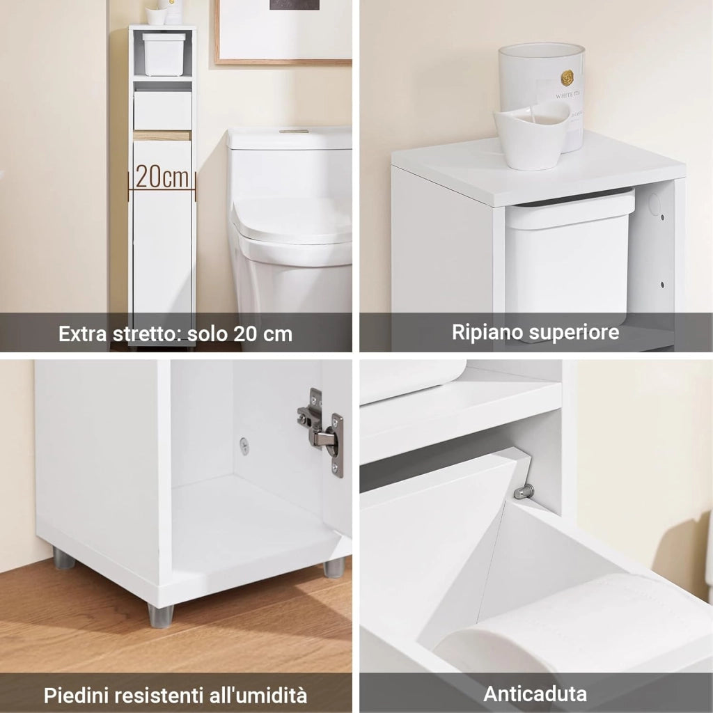 Mobiletto Bagno Salvaspazio Mobile Bagno Stretto (20 cm), Colonna Bagno Alta con Cassetto e Ripiani Regolabili, Mobile Almacenaje per Piccoli Spazi e WC, Bianco, 20x20x96 cm, BZR151-W