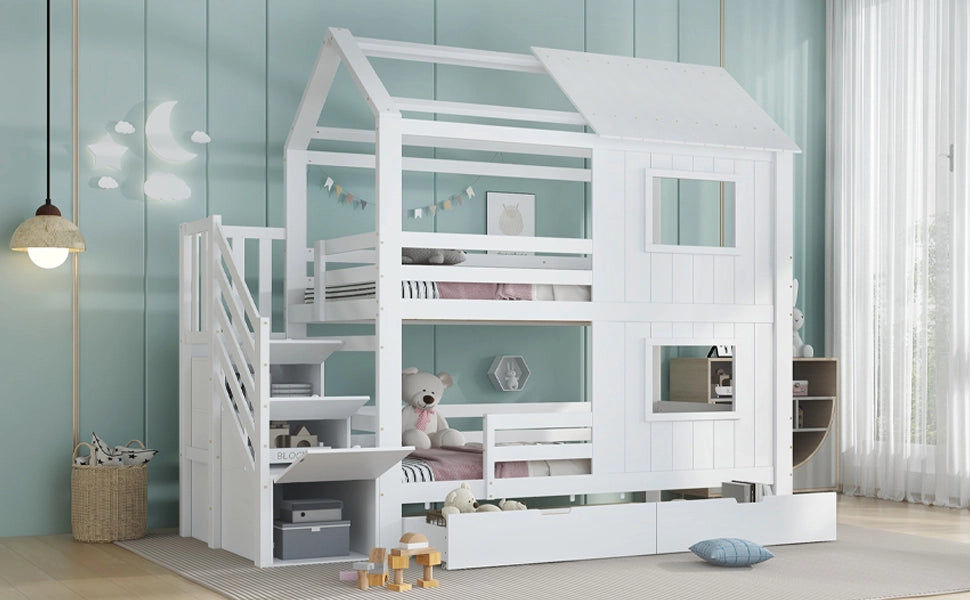 Letto a castello per bambini con scala armadio e cassetto, 90x200 cm, bianco