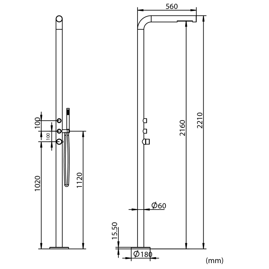 SINED Doccia Esterna Inox Nero Opaco con Miscelatore e Doccetta Corpo in Acciaio AISI 316L Fusto Ø 6 cm Ingresso Acqua Calda e Fredda Dal Basso 221 cm Modello DOCCIA BUDONI NERA