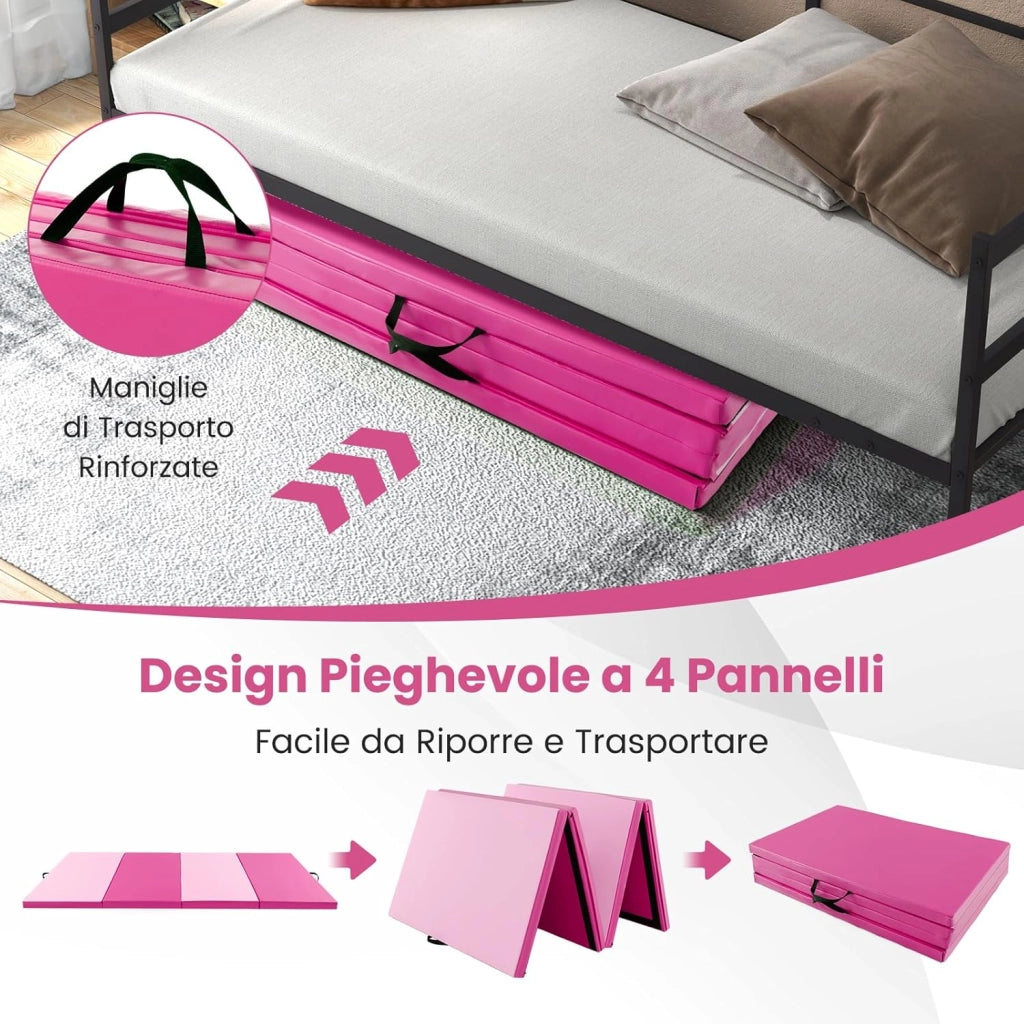 Tappetino per Ginnastica Pieghevole a 4 Pannelli con Maniglie, 300 x 117 x 5 CM, Tappetino in Ecopelle con Chiusure a Strappo per Ginnastica, Yoga, Stretching & Capriole（Rosa)