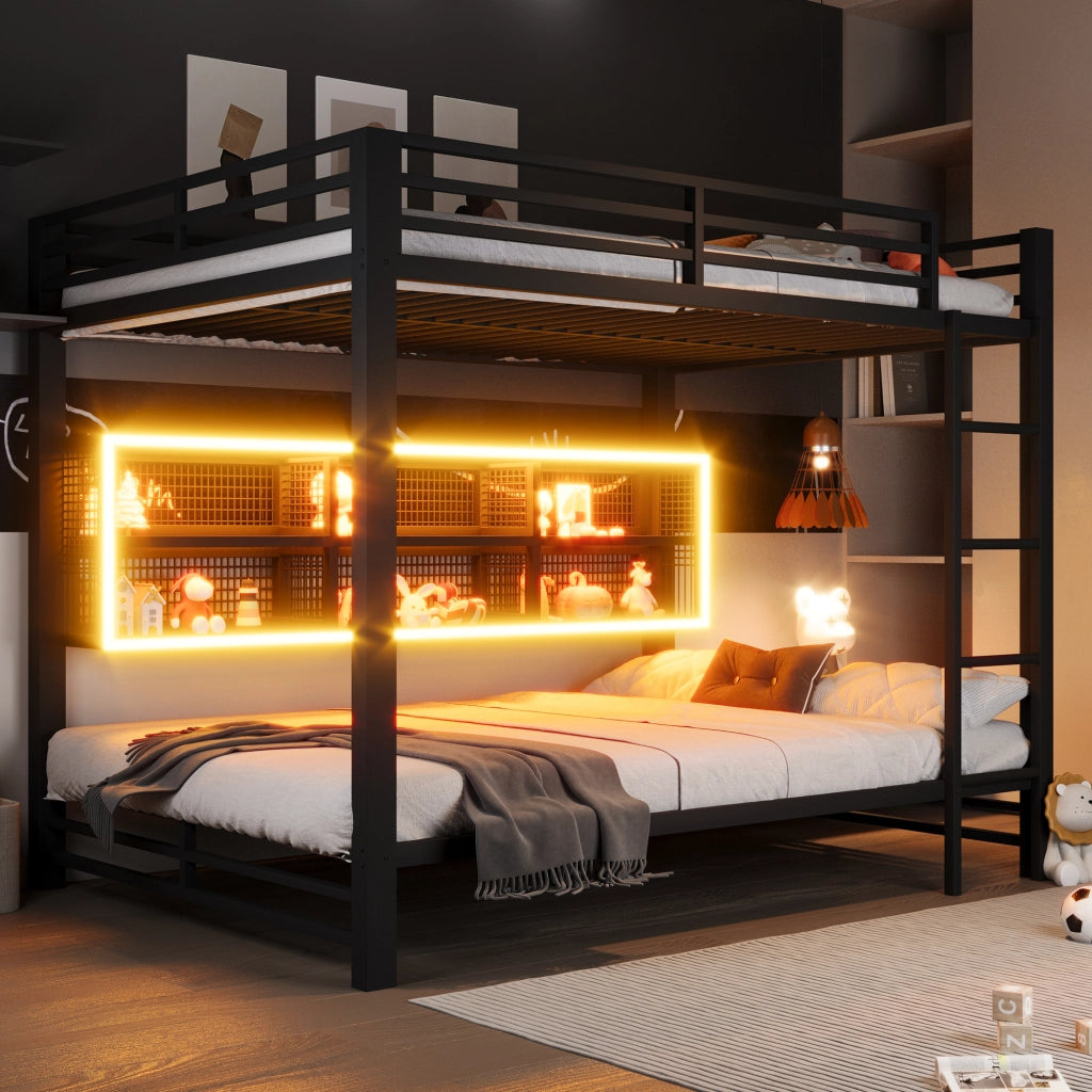 Letto a Castello 140x200 cm con 6 Armadi Portaoggetti e LED; in Metallo; Nero