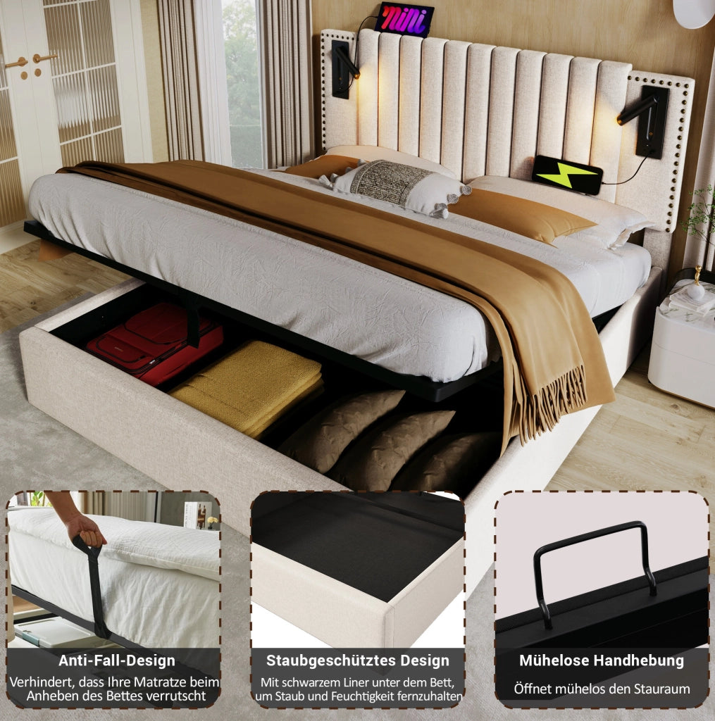 Letto matrimoniale 160x200 cm con contenitore; luce da lettura e USB; beige in cotone