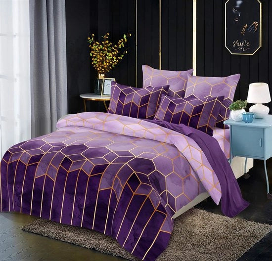 Set di Cuscini e Coperta per Letto a Due Piazze 3 Pezzi 1 x Coperta per Letto 200-220 con Cerniera 2 x Cuscini 80x80 con Disegno Geometrico a Strisce Viola Scuro