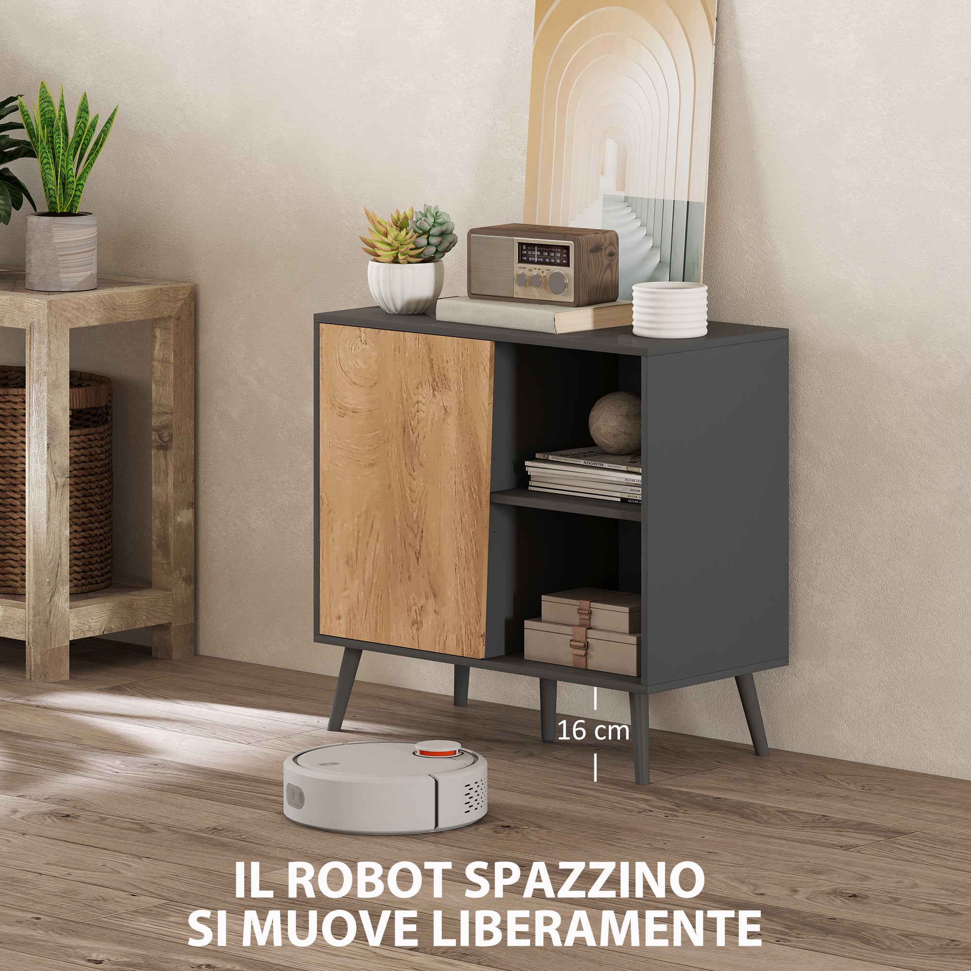 Credenza Moderna Mobile Basso 80x39x76 cm con Armadietto e Vani a Giorno in Legno Grigio Scuro