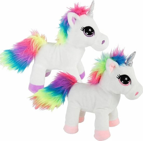 Unicità di un unicorno - Piumino morbido - Dimensione piccola - Tessuto soffice - Code di colore - Corna lucide - Altezza 20 cm - Giocattolo di piumino