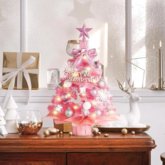 Mini albero di Natale con luci 66 pollici - Rosa - Albero di Natale artificiale con decorazioni per Natale per decorazioni per la casa - Pezzo centrale per caminetto, tavolo da lavoro, tavolo da pranzo decorativo
