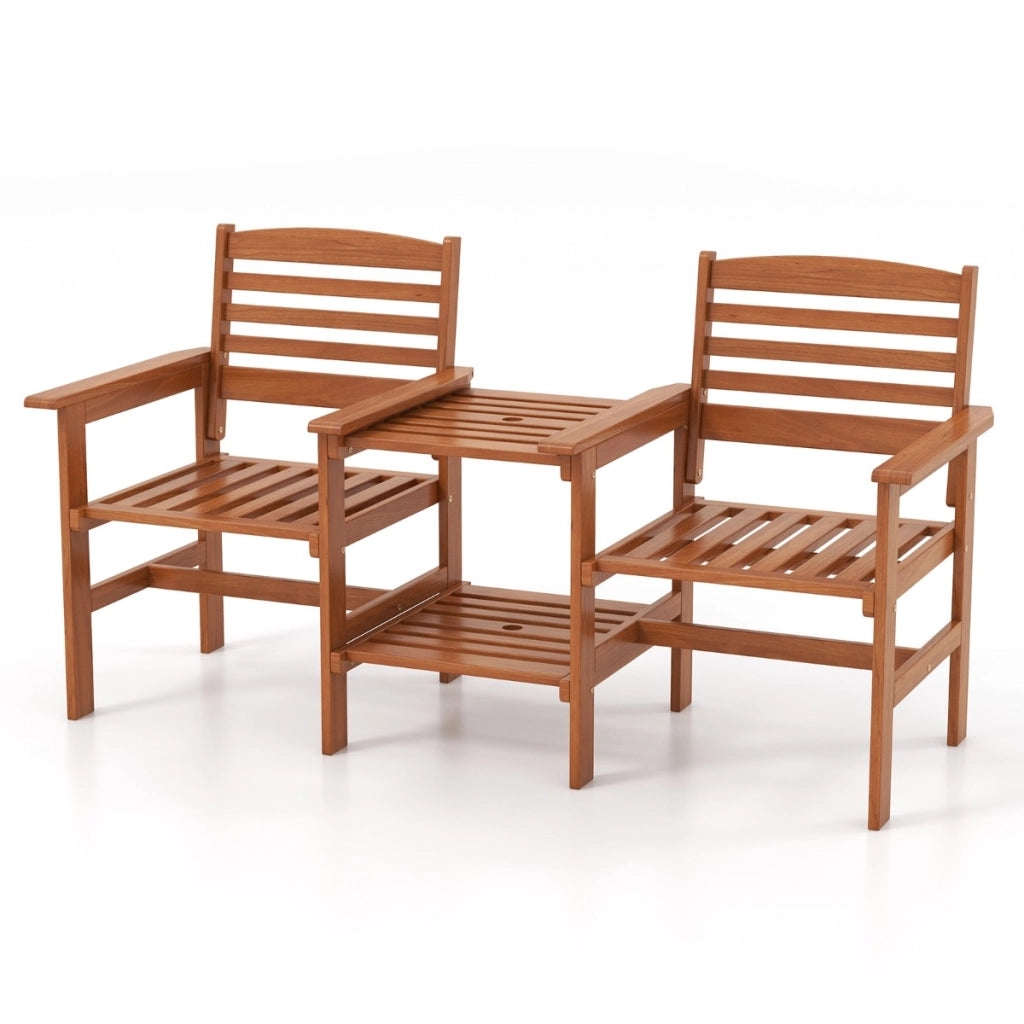 Divano a 2 posti da esterno con tavolo, Set da conversazione in legno con tavolino e foro per ombrellone 159,5x61,5x88cm-Set mobili da esterno