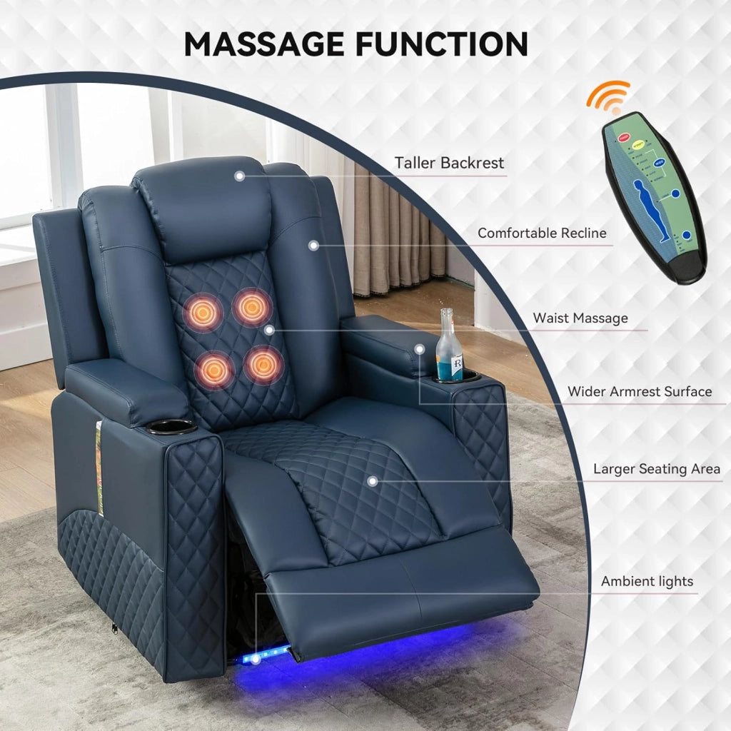 Poltrona Massaggiante Elettrica Illuminazione a LED Divano Telaio Home Theater Shake Divano Reclinabile Girevole con 2 Portabicchieri Blu