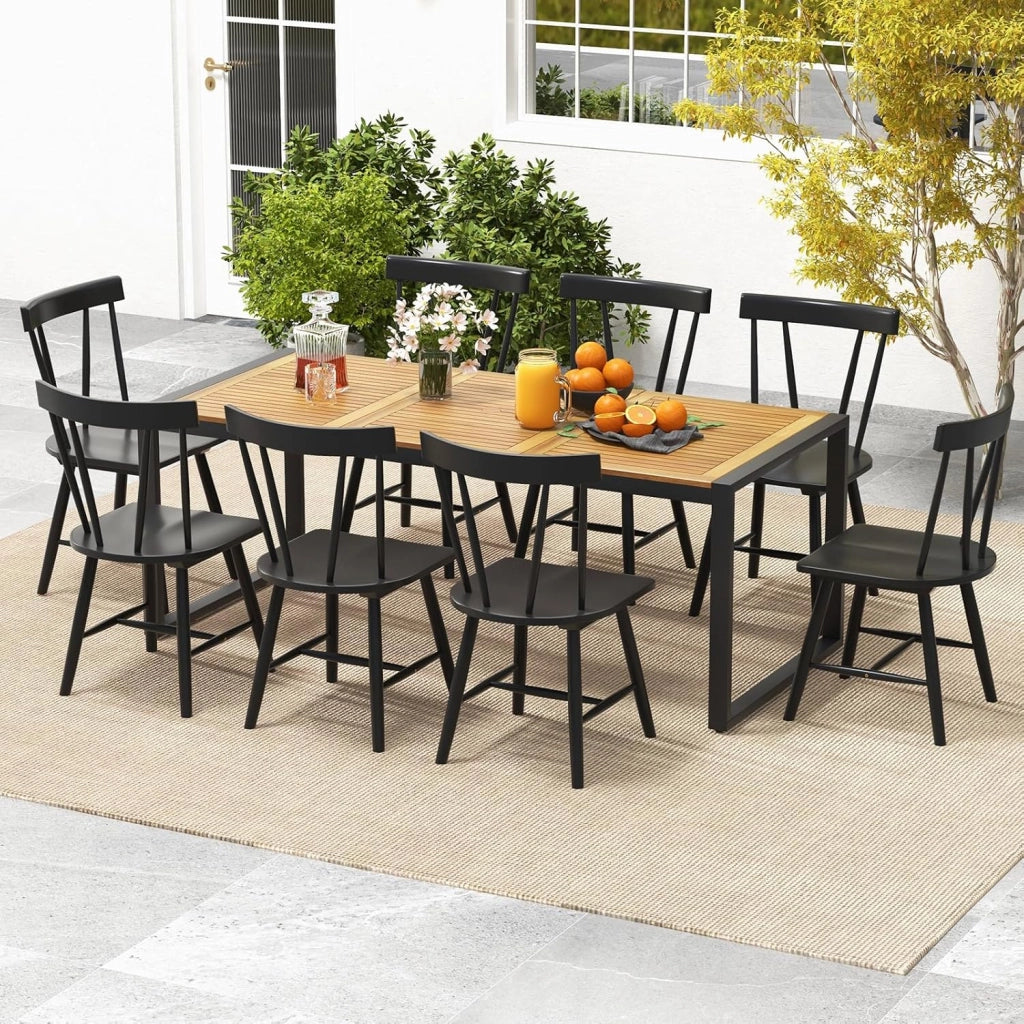 Tavolo da giardino in legno di acacia per 8 persone, 200 x 90 x 75 cm, con foro per ombrellone, struttura in metallo, colore Naturale E Nero