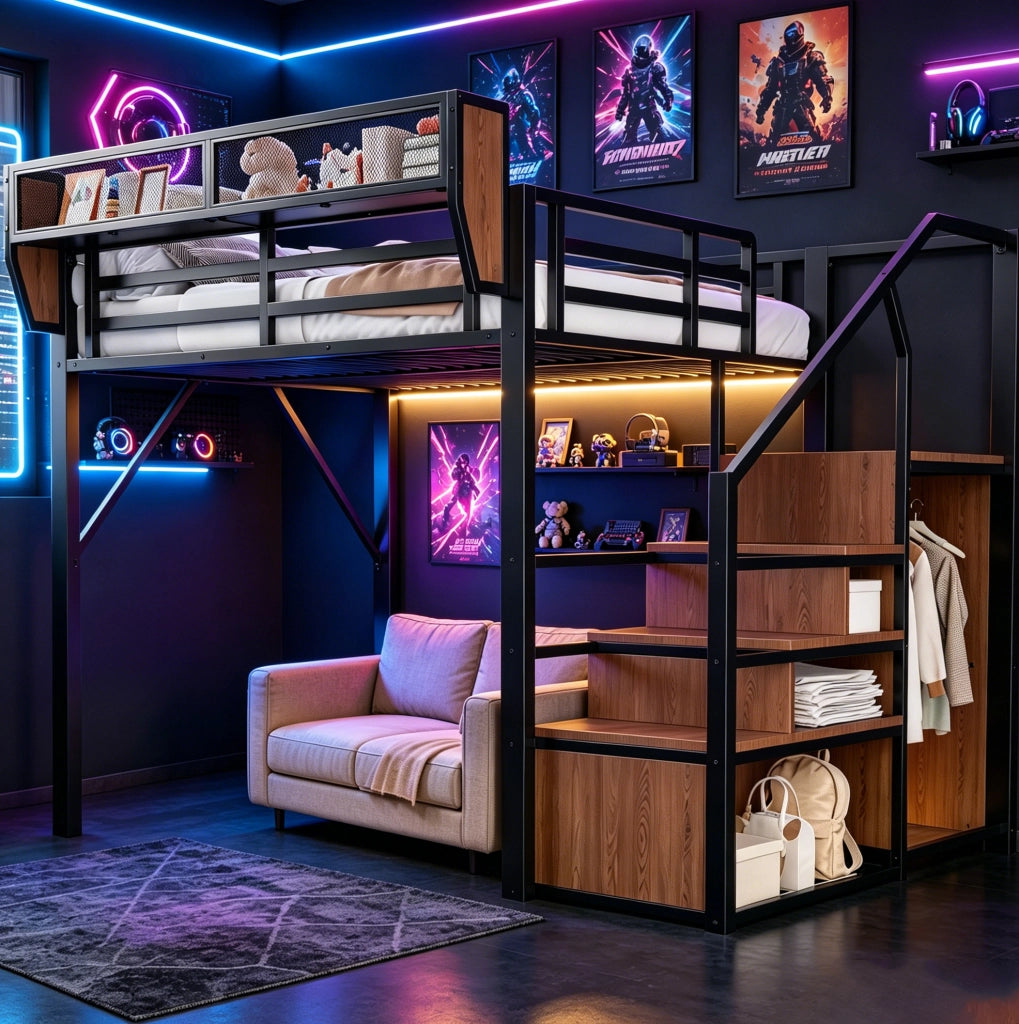 Letto a soppalco in metallo 140 × 200 cm con scala; LED e ripiano regolabile; nero