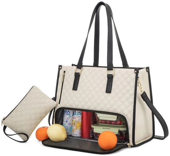 Borsa da pranzo per donne 15,6 pollici con tasca isolante per il pranzo Borsa grande con tasca 2-in-1 per portare in spalla Borsa da pranzo combinata per la strada Lavoro Scuola Ufficio (beige)