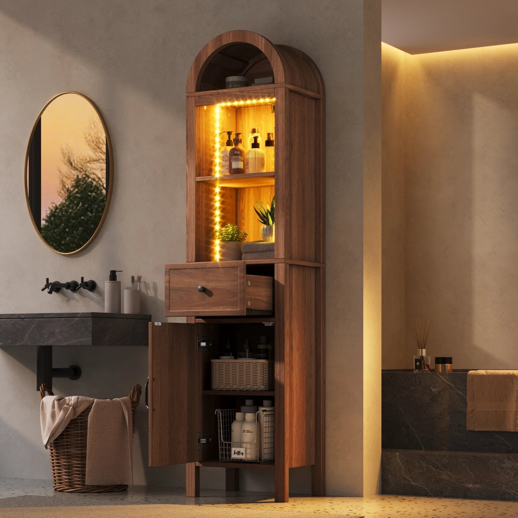 Mobile da bagno alto con ante; cassetto e LED - per bagno - in MDF - 40×30×163 cm - noce