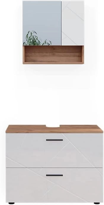 Set di mobili da bagno Irma, Bianco lucido/oro power oak, 80 cm, composto da specchio da bagno e mobile sottolavabo