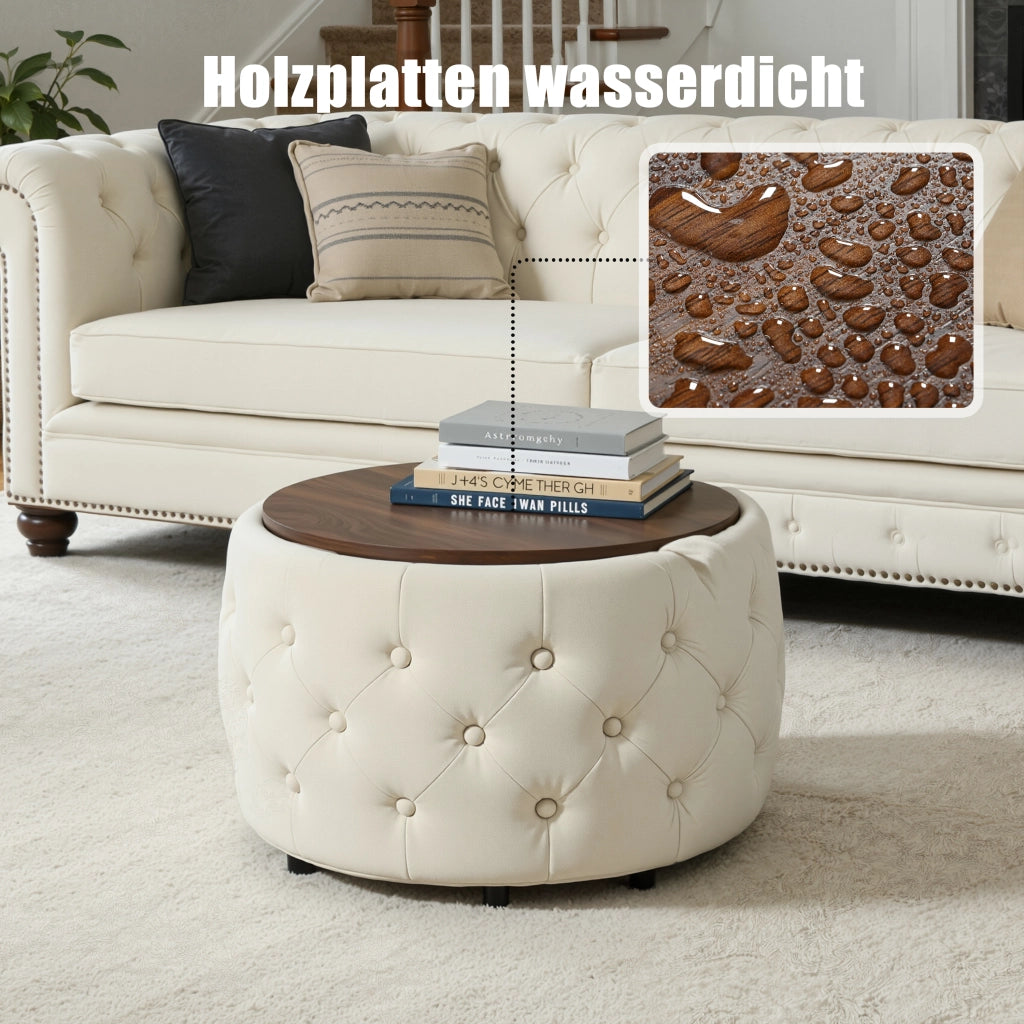 Pouf contenitore 2 pezzi salvaspazio 4 in 1 con vassoio rimovibile e vano interno in velluto beige 59,6 × 59,6 × 38 cm