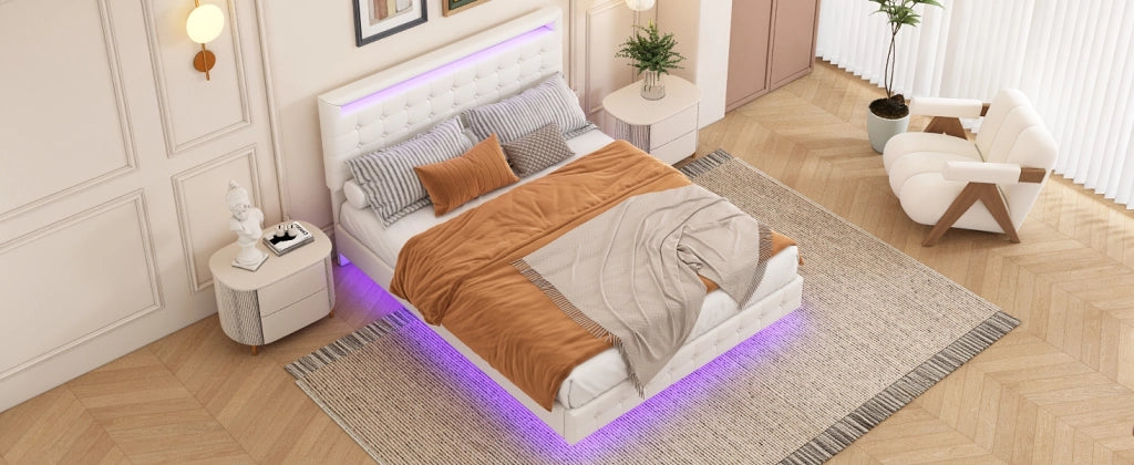 DESMIU Letto Matrimoniale 140 × 200 cm 2 Posti con LED Regolabile e Testiera Regolabile, senza Materasso, PU Bianco