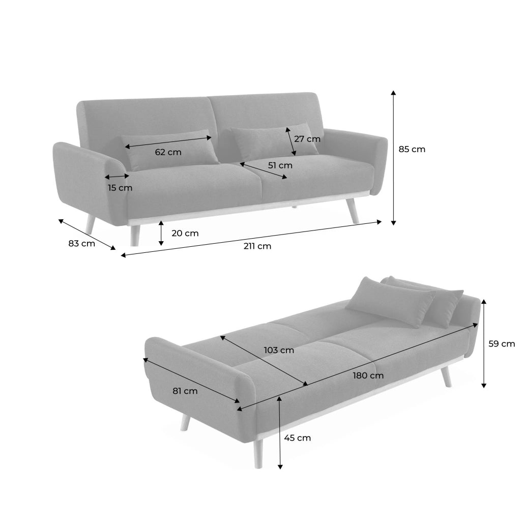 Divano letto reclinabile in bouclé, 3 posti, crema
