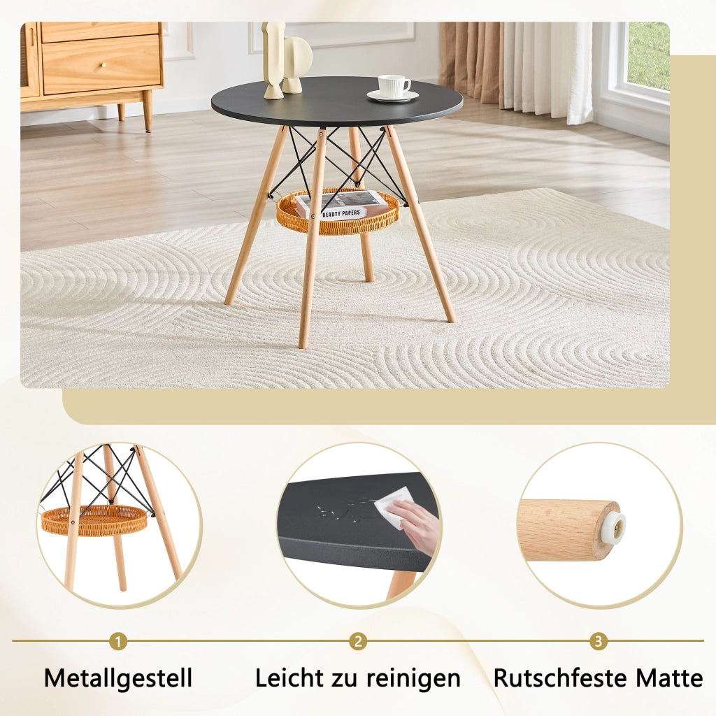 Tavolo da pranzo rotondo Ø80 cm MDF nero gambe in legno massello cesto intrecciato sospeso