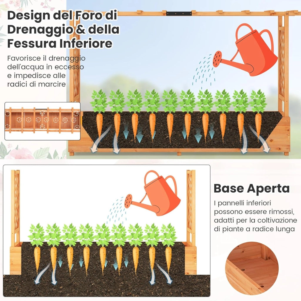 Fioriera Rialzata con Grigliato, Aiuola Rialzata con Traliccio per Piante Rampicanti e Fori di Drenaggio, Orto Elevato da Giardino, Terrazzo e Cortile (Arancione, 200 x 44 x 114 cm)