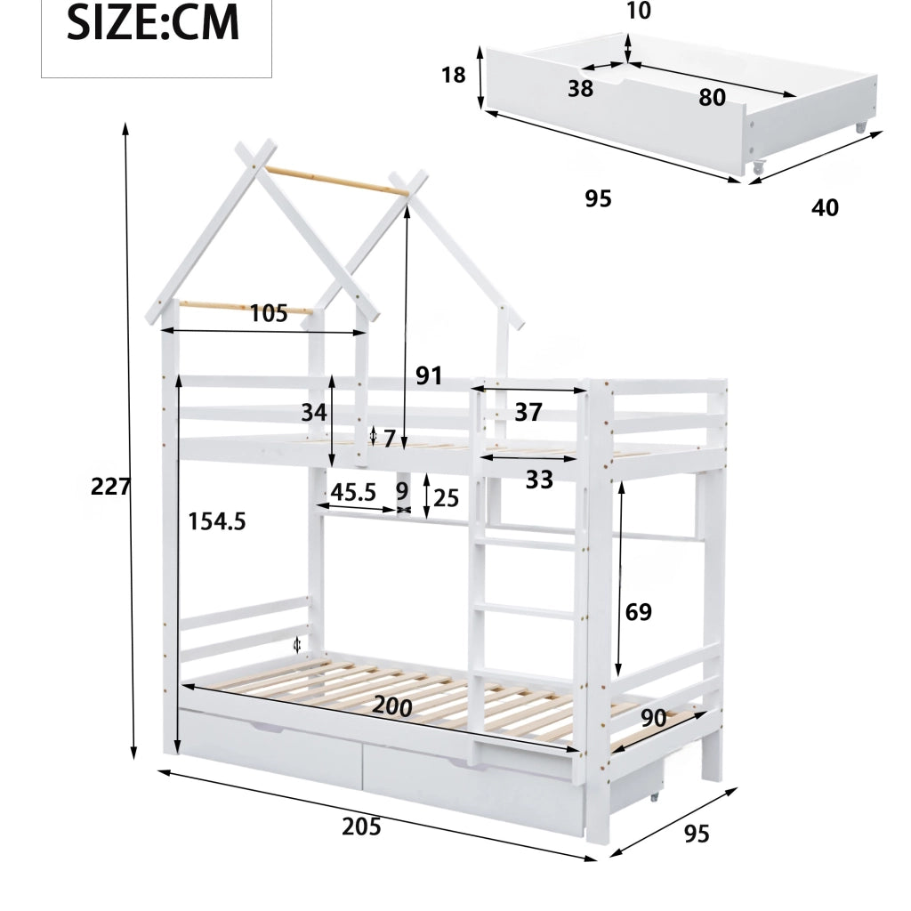 Letto a castello 90 × 200 cm con cassetti, ripiani e scala dritta, senza materasso, in legno, bianco