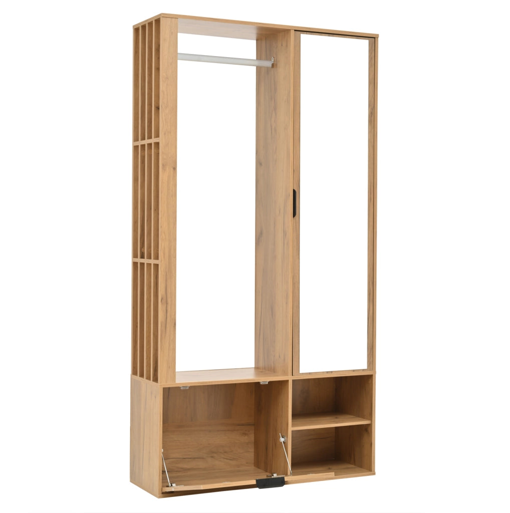 Mobile ingresso 6 in 1 100 x 33 x 190 cm con specchio; appendiabiti e vani; colore legno naturale