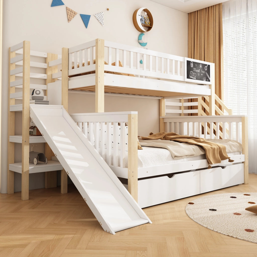 OKWISH Letto a Castello 140×200 cm e 90×200 cm, Letto 3 Posti con Scala Contenitore, Armadio e Scivolo, senza Materasso, Bianco