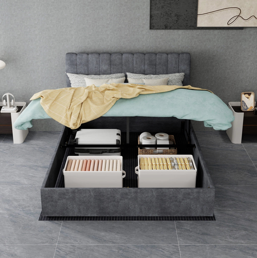 Letto imbottito 140x200 cm grigio con contenitore e testiera morbida