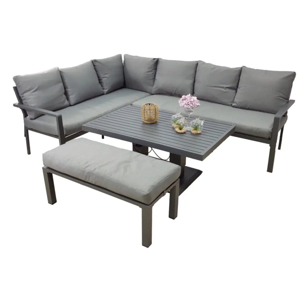 Salotto da giardino ad angolo 7 posti in alluminio grigio con tavolo regolabile e pouf – FERONA