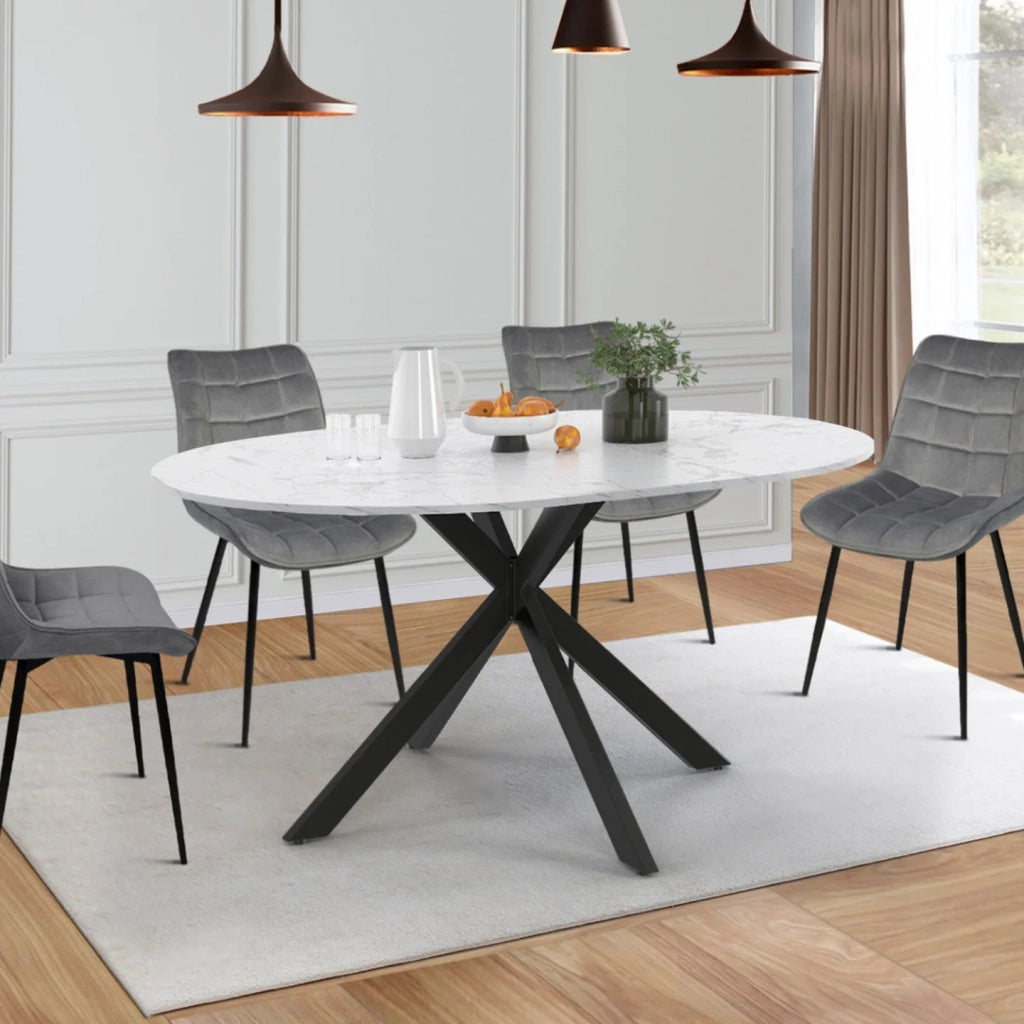 IDMarket - Tavolo da pranzo rotondo allungabile ALIX, 4-8 persone, gamba a ragno in metallo nero, piano effetto marmo ALASKA, 110-150 cm