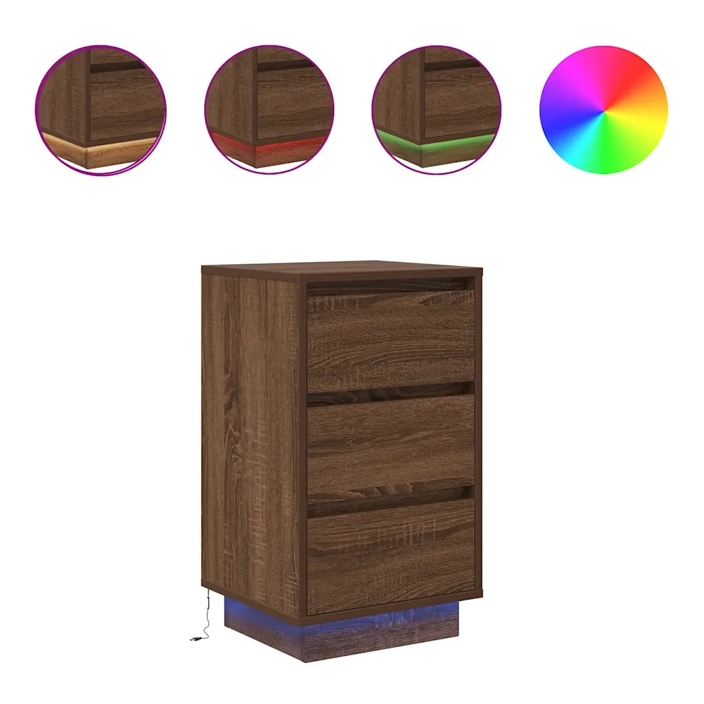 Comodino con Luci LED Rovere Marrone 38x34x65 cm