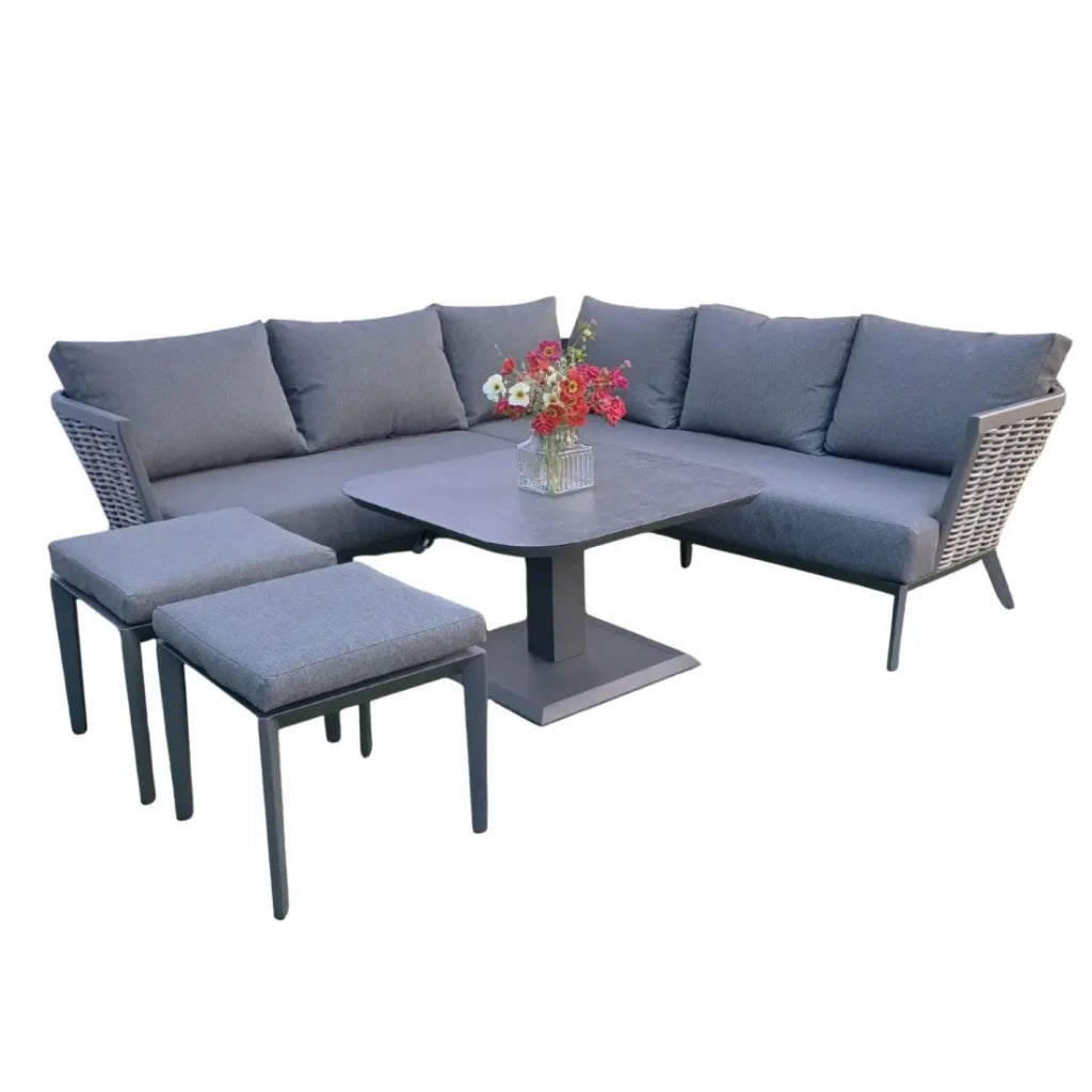 Salotto da giardino VENTARO 7 posti in alluminio grigio con divano ad angolo, tavolo regolabile e pouf