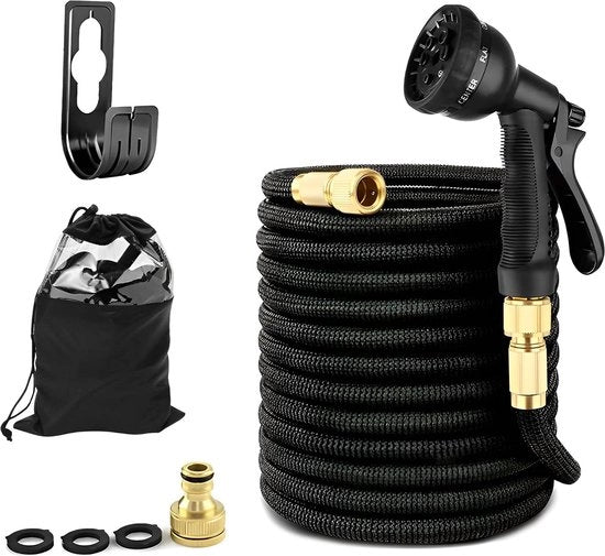 Estensibile tubo da giardino da 15m con 8 modalità di getto - Flessibile & Resistente - Adatto per auto, terrazza e animali domestici - Incluso contenitore di stoccaggio