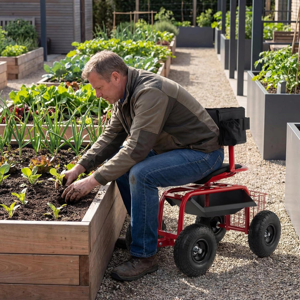 Carrello da Giardino, Sgabello con Ruote Girevole a 360°, Cuscino Imbottito, Schienale, Cestino, Tasca e Vassoio Porta Attrezzi, Carriola da Giardino e Cortile, 96 x 46 x 78-87 cm (Rosso)