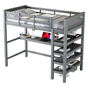 Letto a Soppalco 90 x 200 cm; Letto Singolo con Scrivania; Scaffali e Scala; senza Materasso; Pino e MDF Grigio