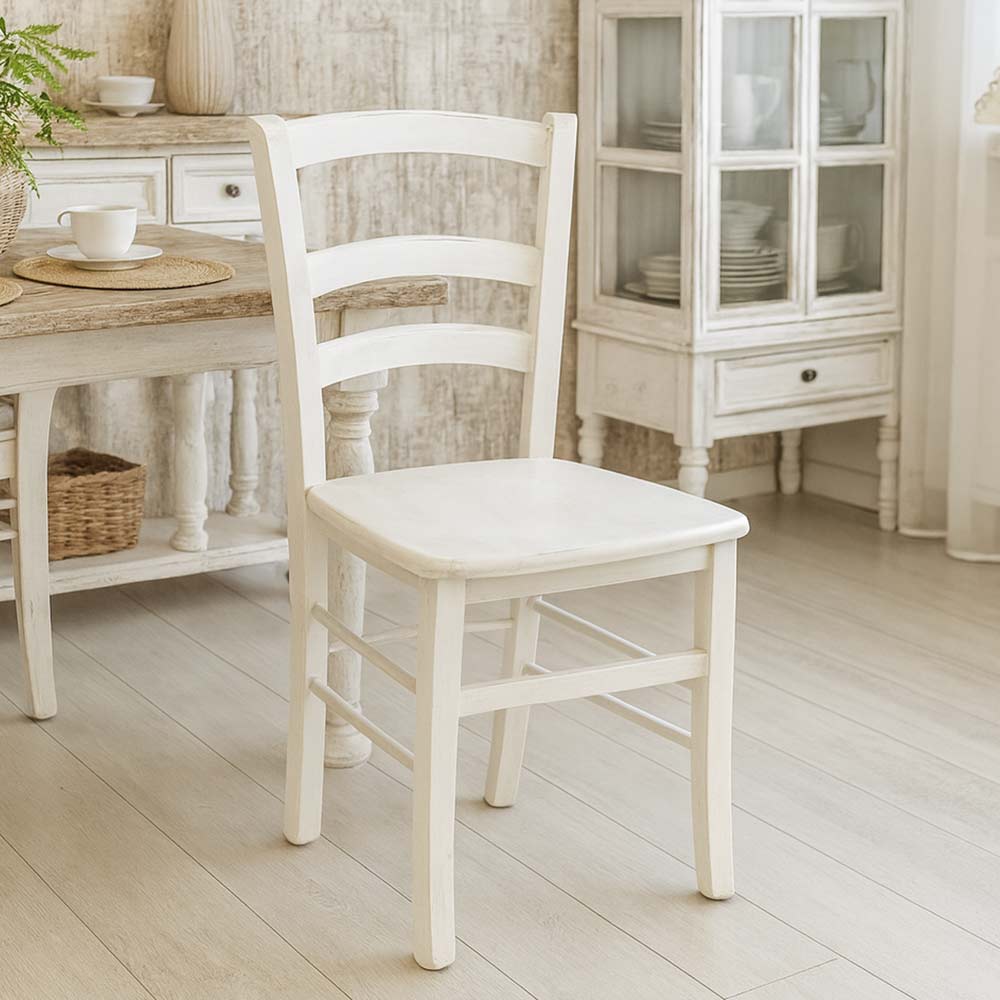Sedia in legno Venezia colore bianco anticato shabby chic con seduta in massello