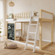 Letto a soppalco per bambini 90x200 cm bianco naturale con lavagnetta e contenitore