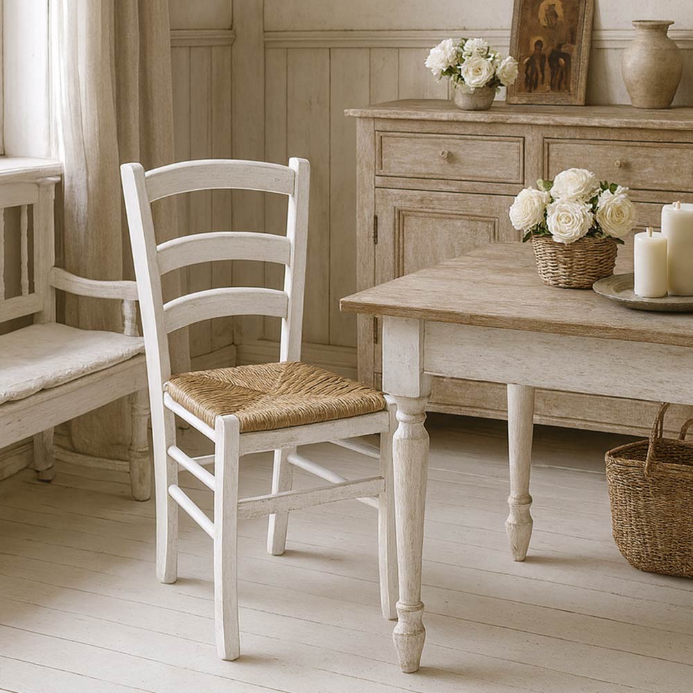 Sedia legno venezia anticata bianca con seduta in paglia palustre