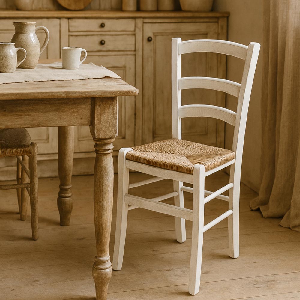 Sedia legno venezia anticata bianca con seduta in paglia palustre