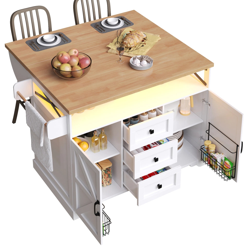 OKWISH Carrello da cucina con piano pieghevole, vani portaoggetti su due lati, luce led e ruote, per cucina e soggiorno, MDF, Bianco