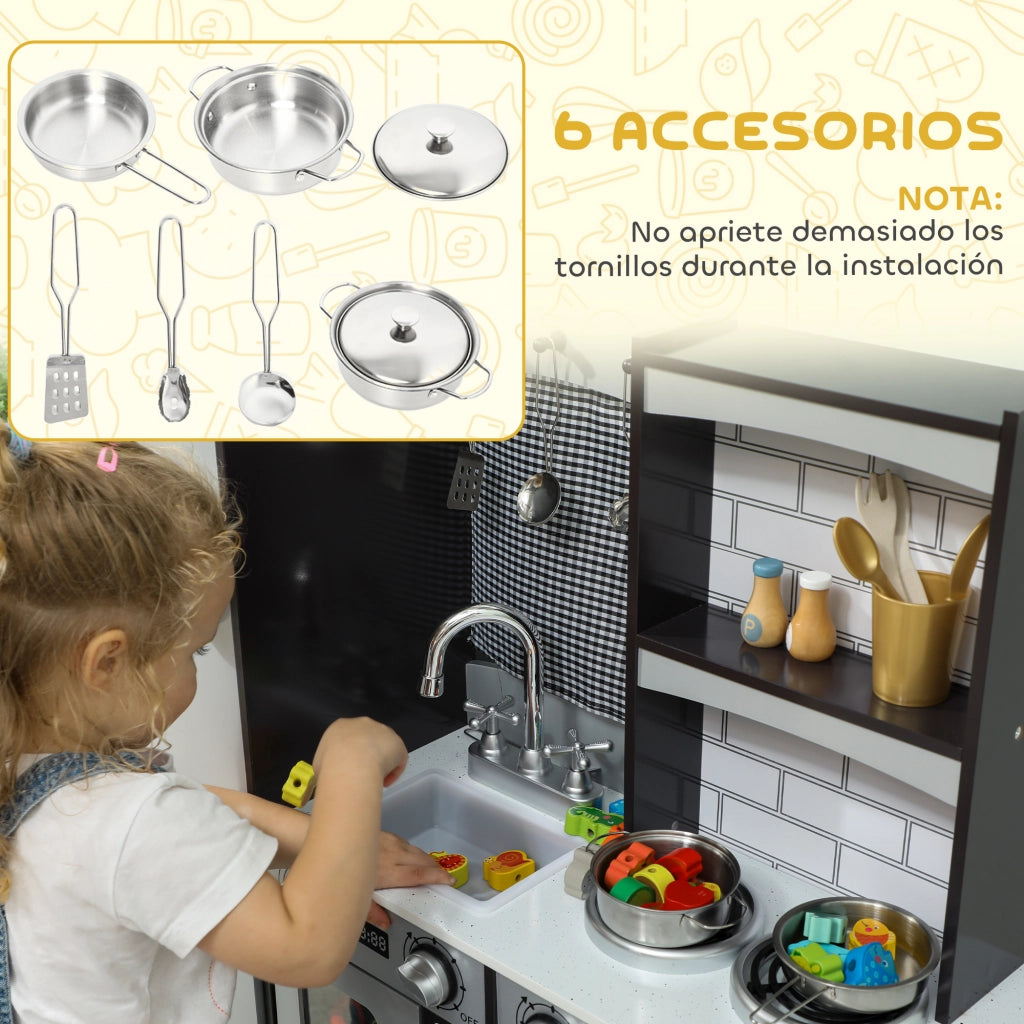 Cucina Giocattolo in Legno con Sonoro e Accessori Acciaio Inox per Bambini 3+ Anni ¨C zephmum ¨C Marrone Scuro