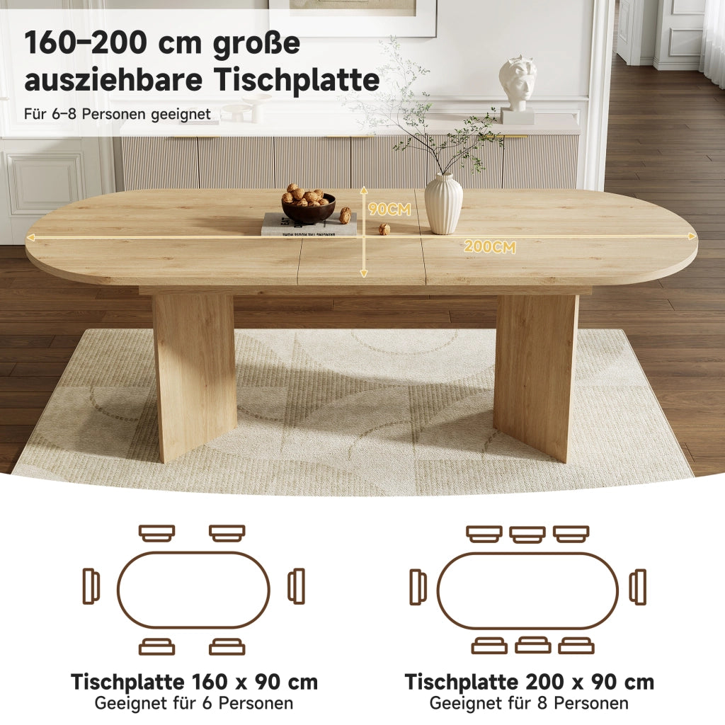 Tavolo da pranzo allungabile con piano da 18 mm e angoli arrotondati, per 4-8 persone, in MDF, rovere chiaro