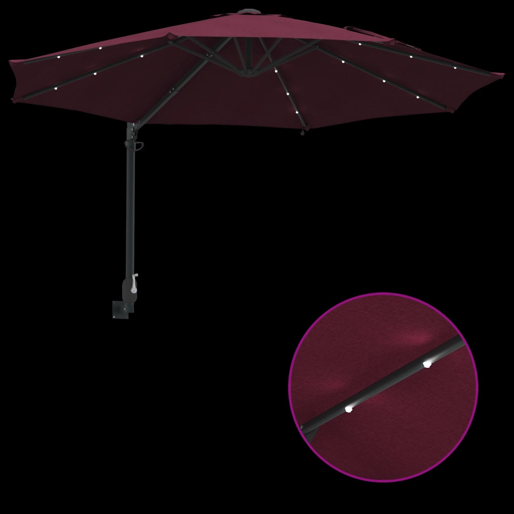 Ombrellone da Giardino Montato a Parete con LED Rosso Bordeaux 248 cm