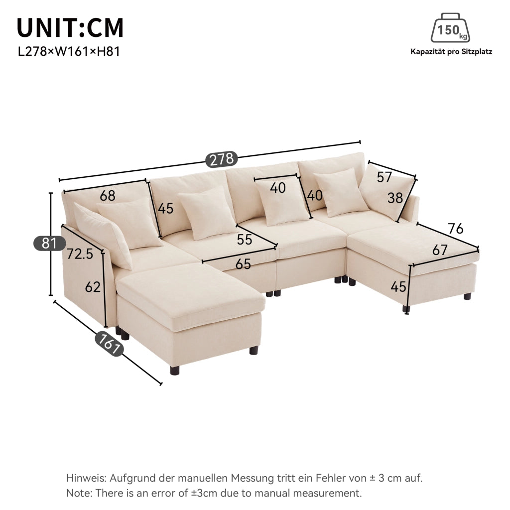 SOFA Modulare 278x161x81 cm in Chenille Beige con 2 pouf e 6 cuscini